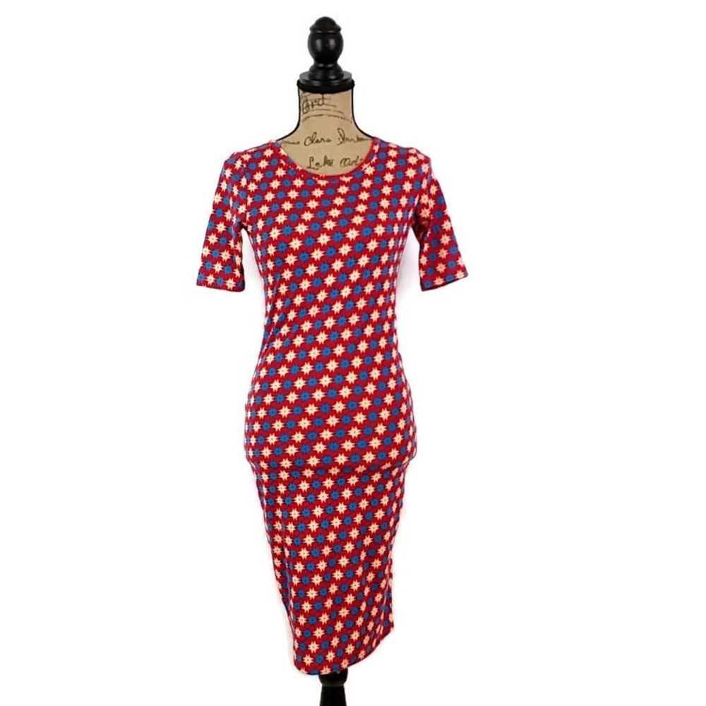 LuLaRoe Julia Dress Womens XXS Red Blue Geometric Starburst Short Sleeve Midi
